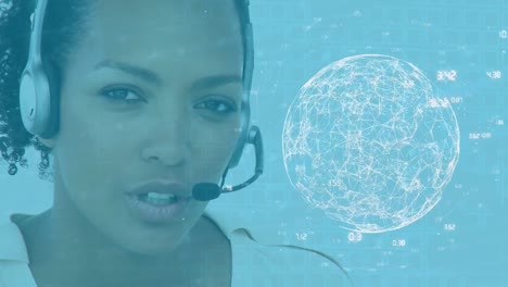 Animation-of-globe-of-network-of-connections-over-african-american-woman-talking-on-phone-headset
