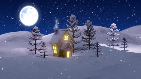 Animación-De-Cabaña-Navideña-Y-árboles-En-La-Nieve-Por-La-Noche,-Con-Luna-Llena-Y-Nieve-Que-Cae