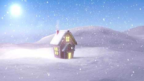 Animation-of-christmas-cottage-with-smoking-chimney-in-winter-landscape-and-falling-snow