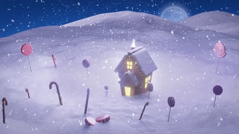Animación-De-Cabaña-Navideña,-Bastones-De-Caramelo-Y-Piruletas-En-Un-Paisaje-Invernal,-Luna-Y-Nieve-Que-Cae