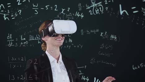 Animation-of-qr-code,-mathematical-equations-over-caucasian-businesswoman-wearing-vr-headset