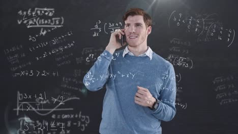 Animation-of-mathematical-equations-over-caucasian-businessman-using-smartphone