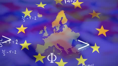 Animation-of-mathematical-equations-over-flag-of-eu-and-map
