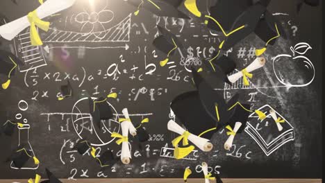 Animation-Von-Abschlusskappen-Und-Diplomen-über-Mathematischen-Gleichungen-Auf-Schwarzem-Hintergrund