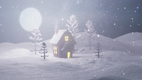 Animation-of-christmas-cottage-and-trees-in-snow-covered-landscape-with-full-moon-and-falling-snow