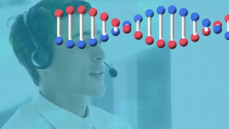 Animation-of-dna-strand-over-caucasian-businessman-in-office