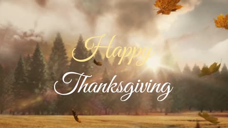 Animation-of-happy-thanksgiving-text-over-fir-trees