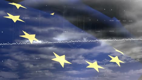 Animation-of-financial-data-processing-over-and-flag-of-eu-over-sky-with-clouds