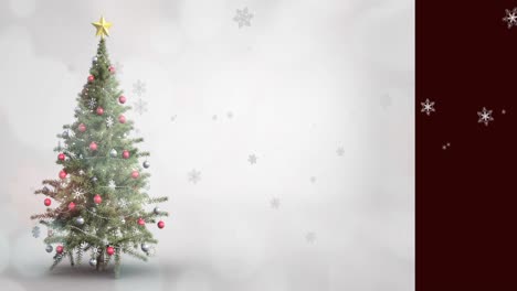 Animation-of-snow-falling-and-fireworks-over-christmas-tree-in-winter-scenery