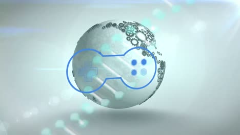 Animation-of-dna-strand-and-gamepad-icon-over-globe
