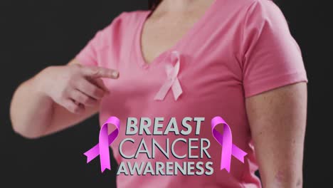 Animation-of-breast-cancer-awareness-text-over-caucasian-woman-with-pink-ribbon-on-black-background