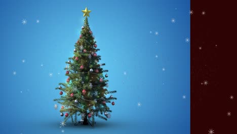 Animation-of-snow-falling-and-fireworks-over-christmas-tree-on-blue-background