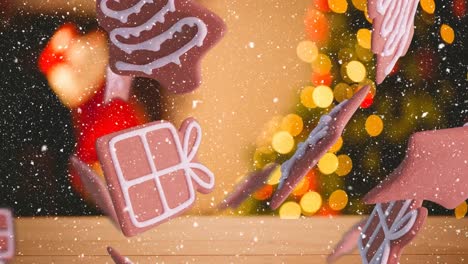 Animation-of-christmas-gingerbread-cookies-over-snowflakes-falling-and-christmas-decorations