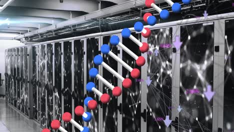 Animation-of-dna-structure-spinning-over-network-of-connections-against-computer-server-room