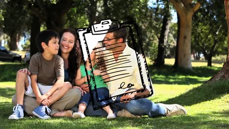 Animation-of-notebook-icon-over-caucasian-family-in-park