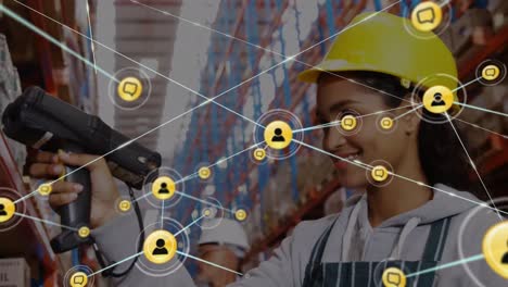 Animation-of-network-of-icons-over-african-american-female-worker-scanning-stock-at-warehouse