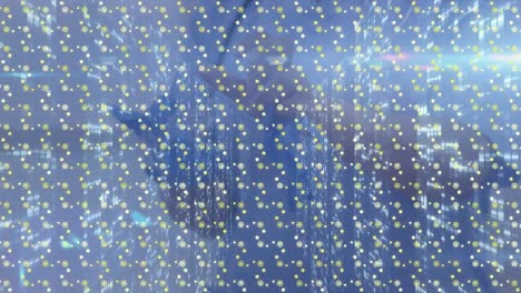 Animation-Violetter-Lichtspuren-über-Blauen-Kaleidoskopischen,-Sich-Bewegenden-Formen
