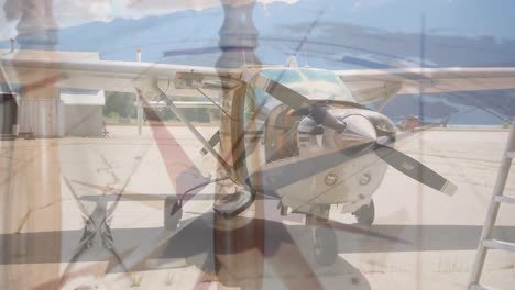 Animation-Eines-Flugzeugs-über-Einem-Sich-Drehenden-Kompass-Und-Einer-Karte