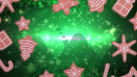 Animation-Von-Weihnachtslebkuchenplätzchen-über-Schneeflocken,-Die-Auf-Grünen-Hintergrund-Fallen