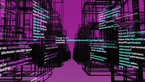 Animation-of-data-processing-over-digital-city-on-pink-background