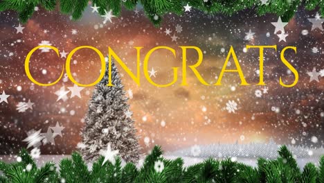 Animation-of-stars-and-congrats-text-banner-against-decorative-christmas-tree-on-winter-landscape