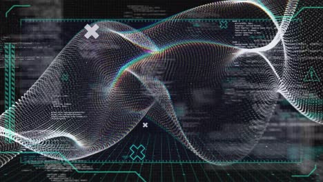 Animation-of-abstract-shapes-and-data-processing-over-digital-waves-against-black-background
