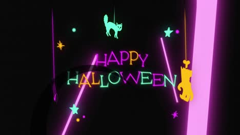 Animation-of-shapes-moving-over-happy-halloween-text