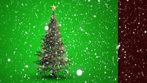 Animation-of-snow-falling-and-fireworks-over-christmas-tree-on-green-background