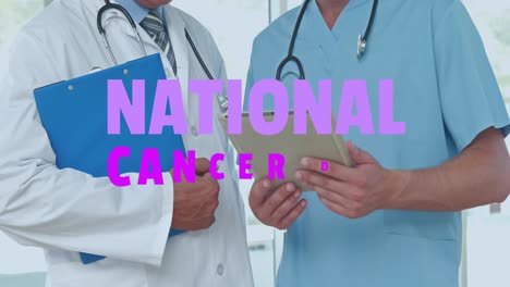 Animation-of-national-cancer-day-text-over-diverse-doctors