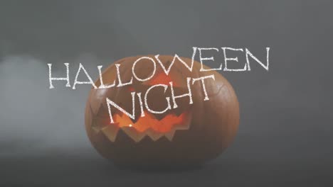 Animation-of-halloween-text-over-carved-pumpkin-on-grey-background