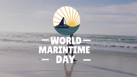 Animation-of-world-marine-day-text-and-logo-over-human-on-the-beach