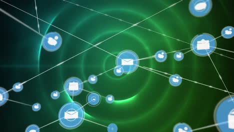 Animations-of-network-of-connections-with-icons-over-green-background
