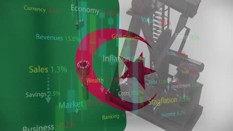Animation-of-financial-data-processing-and-flag-of-algeria-over-oil-pump