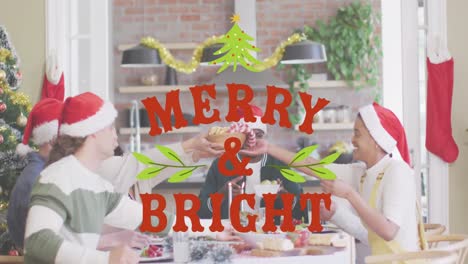 Animation-of-merry-and-bright-text-over-diverse-friends-sitting-at-table-at-christmas