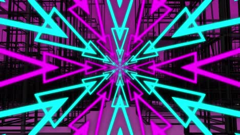Animations-of-moving-pink-and-blue-arrows-and-black-shapes-over-purple-background