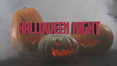 Animation-Von-Halloween-Text-über-Geschnitzten-Kürbissen-Auf-Rauchhintergrund
