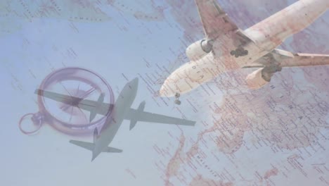 Animation-Des-Flugzeugs-über-Karte-Und-Kompass