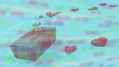 Animation-of-gift-box-and-heart-shapes-over-moving-graphs-and-trading-board