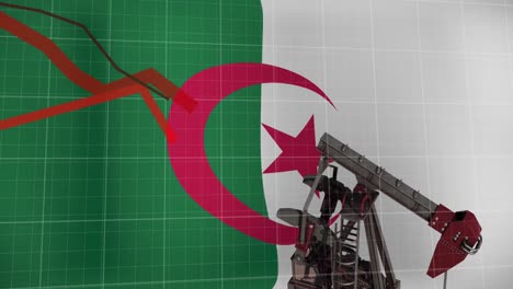 Animation-of-financial-data-processing-and-flag-of-algeria-over-oil-pump