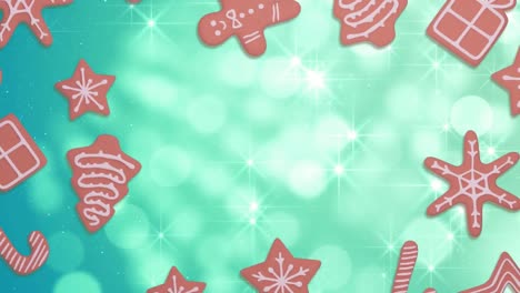 Animation-of-christmas-gingerbread-cookies-over-snowflakes-and-copy-space-on-green-background