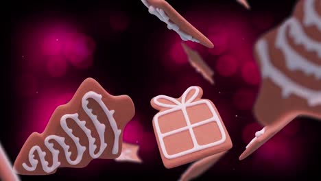 Animation-of-christmas-gingerbread-cookies-over-pink-lights-in-background