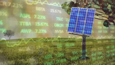 Animation-of-financial-data-processing-over-solar-panels-in-green-field