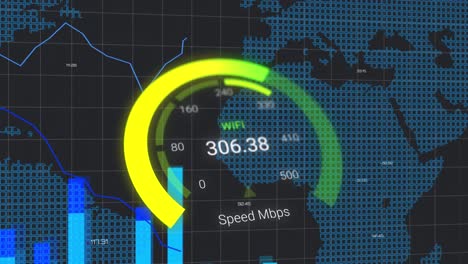 Animation-of-data-processing-and-world-map-over-speedometer