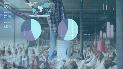 Animation-of-financial-data-processing-over-caucasian-man-feeding-chickens