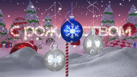 Animation-Von-Weihnachtskugeln-über-Tannenbäumen