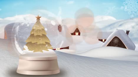 Animation-Einer-Schneekugel-Mit-Haus-Und-Lichtflecken-über-Der-Winterlandschaft