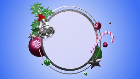 Animation-of-circle-frame-with-copy-space-and-christmas-decoration-on-blue-background