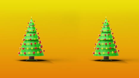 Animation-of-two-christmas-trees-spinning-on-orange-background