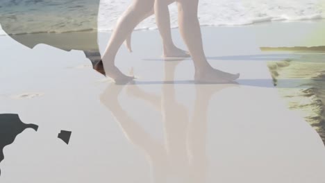 Animation-of-caucasian-couple-walking-on-beach-by-sea-over-map-contour