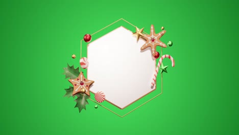 Animation-of-hexagon-frame-with-copy-space-and-christmas-decoration-on-green-background